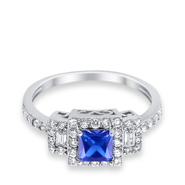 Halo Wedding Ring Baguette Simulated Tanzanite CZ 925 Sterling Silver